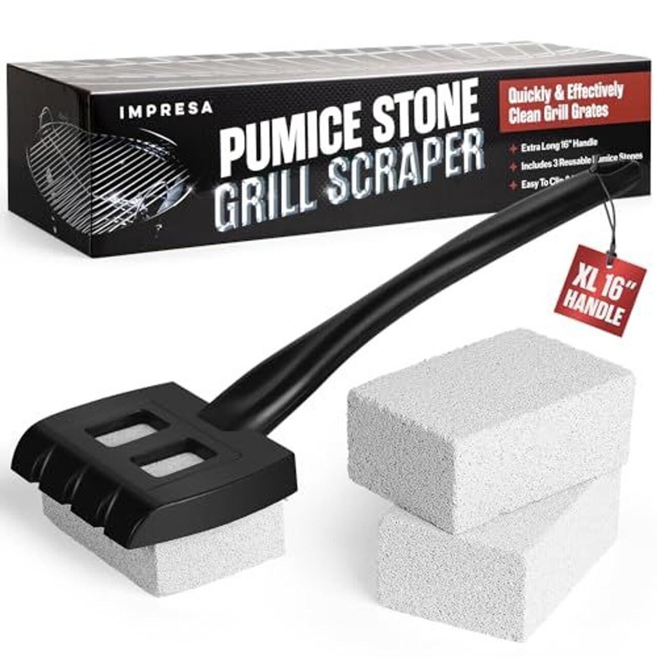 Pumice Grill Stone Cleaning Block Scraper w/ XL Handle and 3 Grill Bricks - Heavy Duty Pumice Grill Cleaning Block for Flattop Grills or Grated Grill Cleaner - Pumice Stone for Grill Cleaning Set